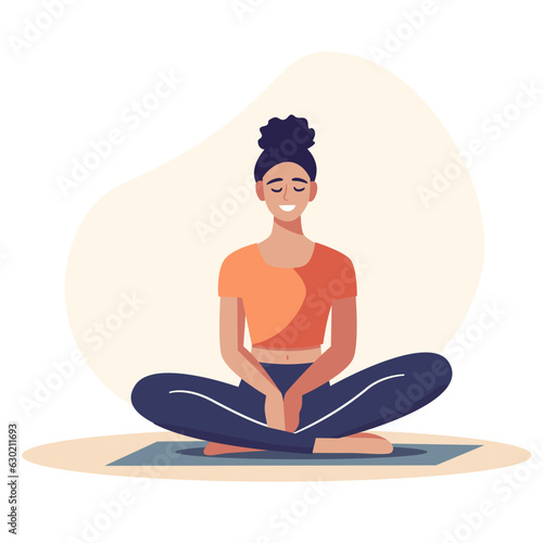 Flat vector illustration in modern style. Cute happy girl doing yoga, meditating in lotus pose. Vector illustration