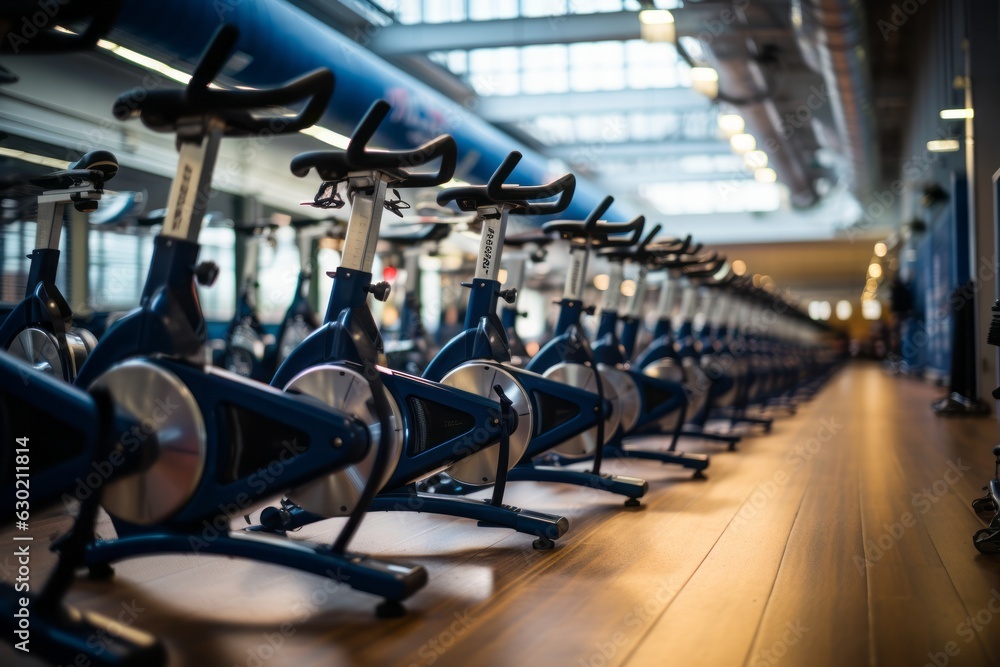 Fototapeta premium Gyms Row Of Stationary Bikes, Generative AI