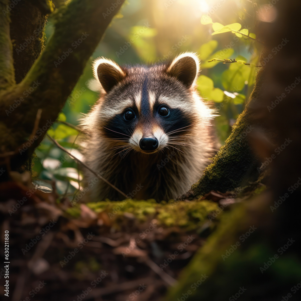 Raccoon in its Natural Habitat, Wildlife Photography, Generative AI