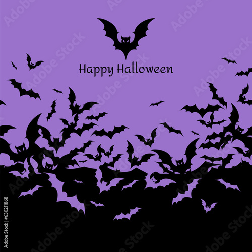Halloween banner with black bats on the orange background. Illustration with text.
