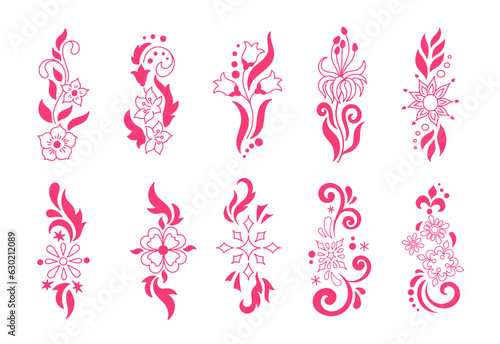 Set of flower art stickers. Decorative fashion design elements. Vector illustration.