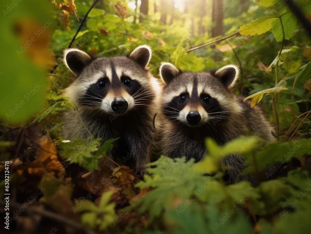 Fototapeta premium Raccoon in its Natural Habitat, Wildlife Photography, Generative AI
