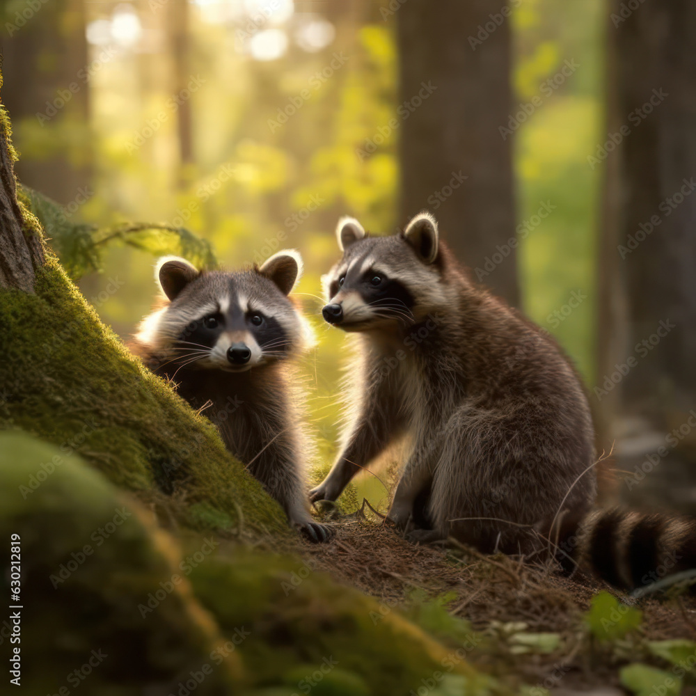 Fototapeta premium Raccoon in its Natural Habitat, Wildlife Photography, Generative AI