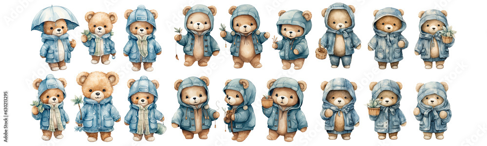 Teddy bear Blue rain jacket watercolor collection illustration ,Teddy