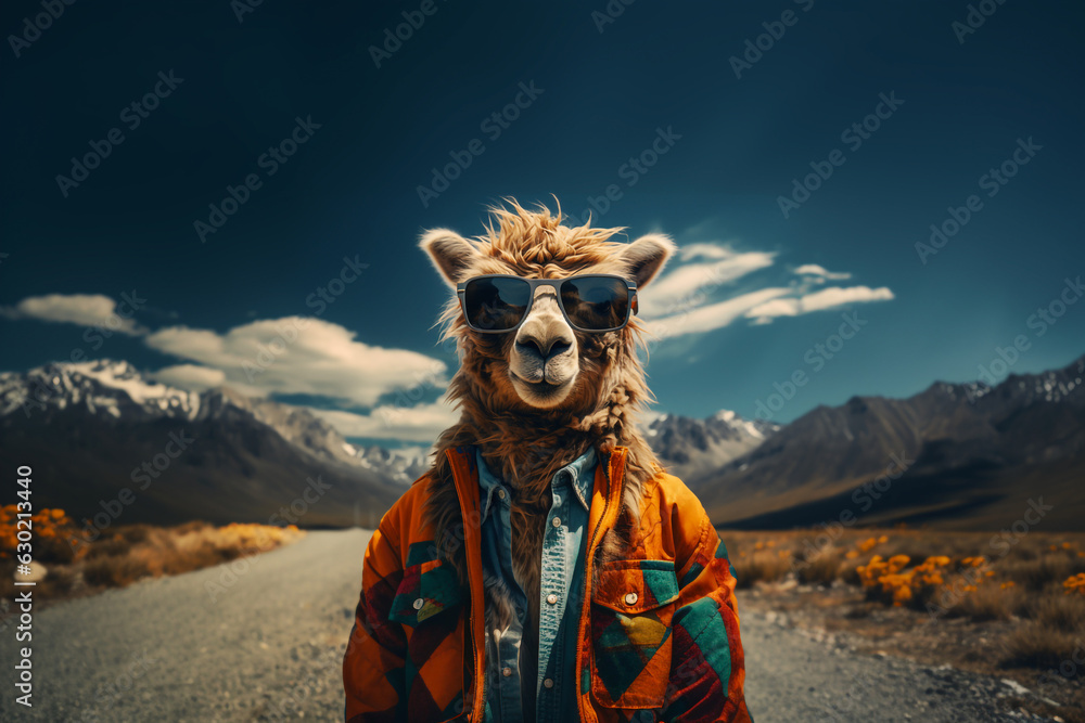 Alpaca with sunglasses and jacket on a road in the mountains, travel and wanderlust concept, surreal animal character in south america, generative AI