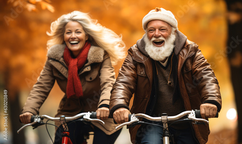 Cycling in Fall: Happy Senior Couple Outdoors