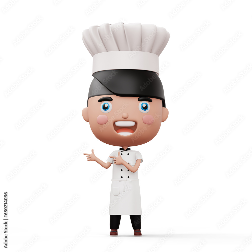 Happy kid chef wearing chef uniform pointing finger, 3d rendering Happy kid chef wearing chef uniform pointing finger, 3d rendering