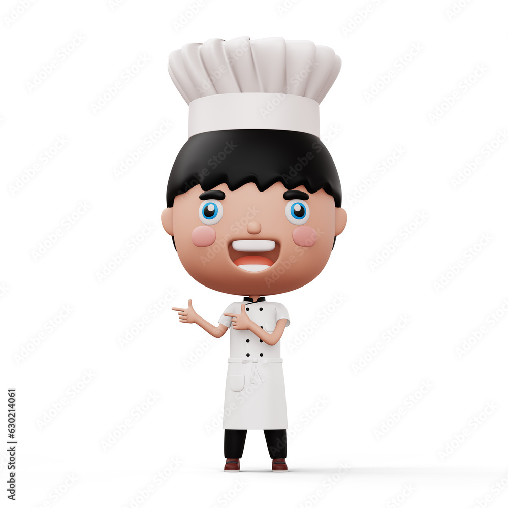 Happy kid chef wearing chef uniform pointing finger, 3d rendering Happy kid chef wearing chef uniform pointing finger, 3d rendering