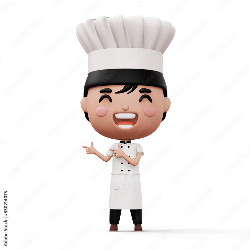 Happy kid chef wearing chef uniform pointing finger, 3d rendering Happy kid chef wearing chef uniform pointing finger, 3d rendering