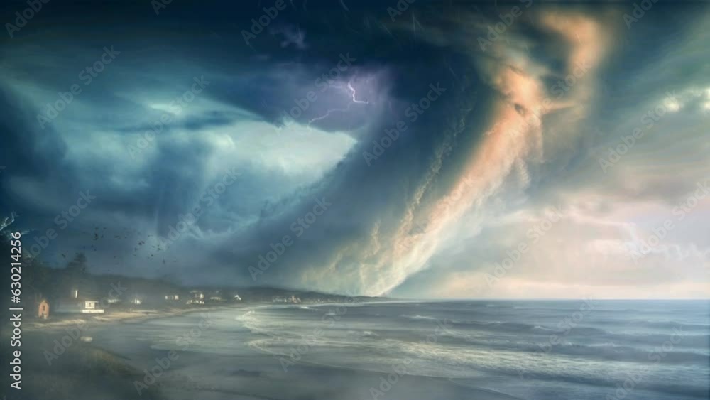 Big tornado at the beach with lightning. Thunder storm loop 4k video