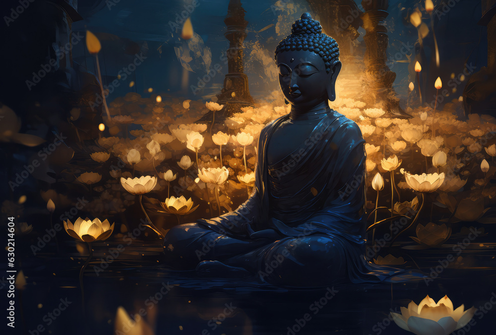 glowing Lotus flowers and gold buddha statue, generative AI	
