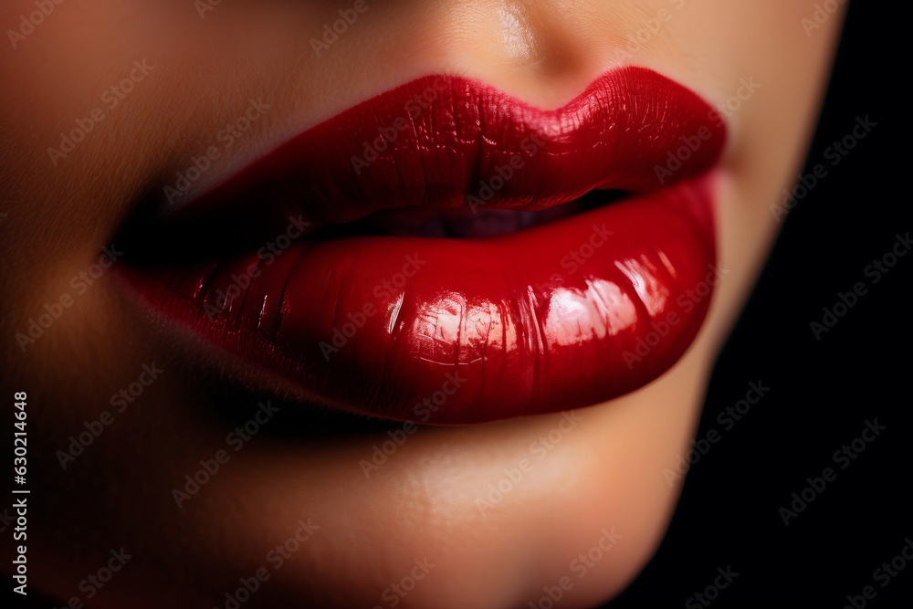 Fototapeta premium Beautiful lips Close-up. Make up. Lip matte lipstick. Sexy lips. Part of face, young woman close up. perfect plump lips bodily lipstick. red color of lipstick on large lips. Perfect makeup