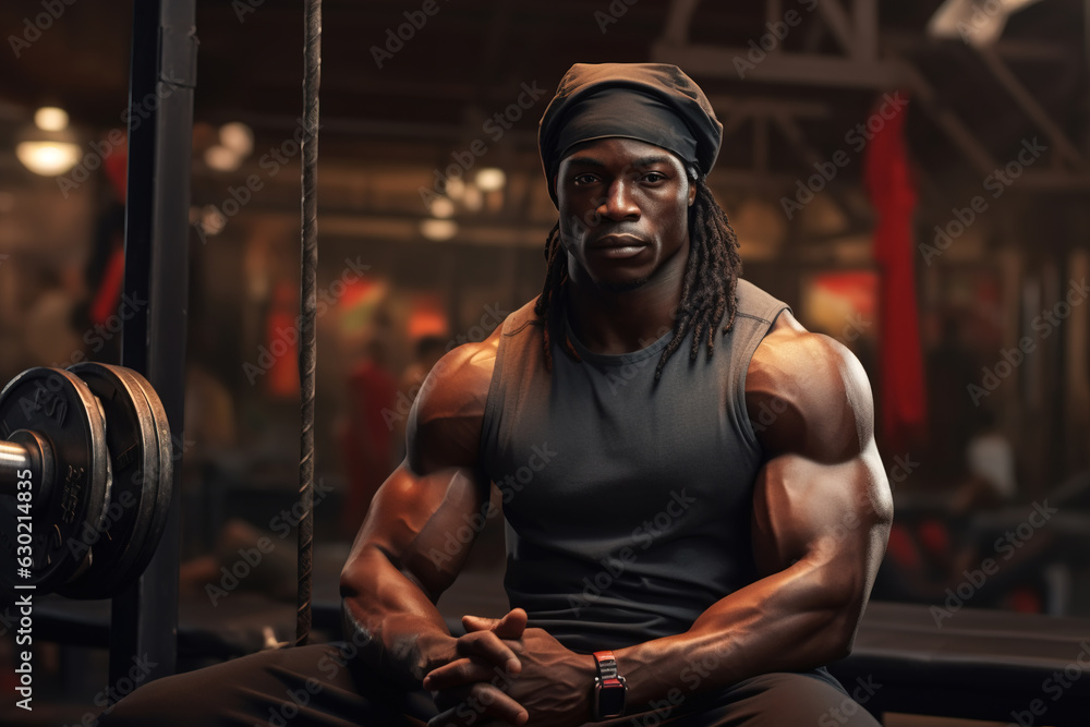 Sport, bodybuilding, active lifestyle. Muscular strong afro american male athlete in gym sitting on simulator Sport, bodybuilding, active lifestyle. Muscular strong afro american male athlete in gym sitting on simulator