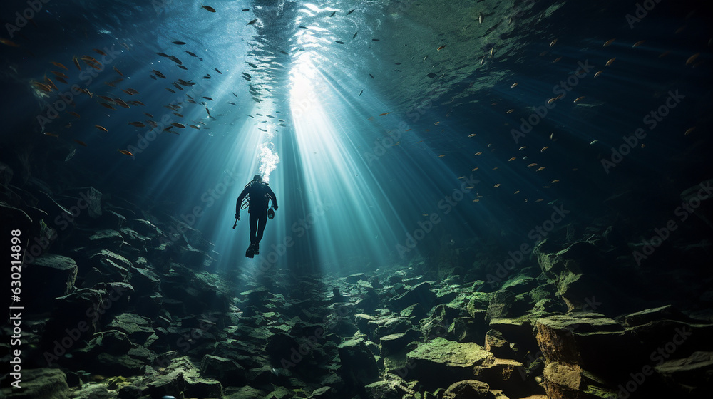 A free diver gliding effortlessly through an underwater cave, illuminated by their diving torch A free diver gliding effortlessly through an underwater cave, illuminated by their diving torch