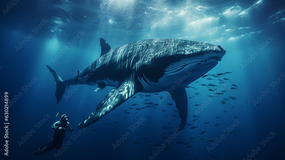 Naklejka premium An exhilarating shot of a diver swimming alongside a majestic humpback whale