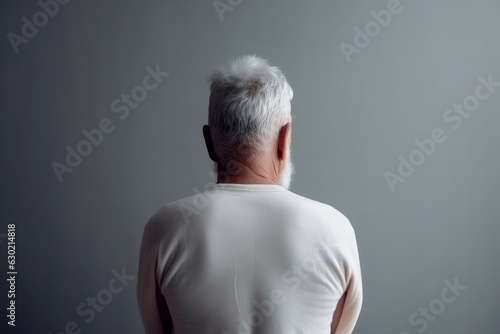 back view of senior man on gray background. portrait of elderly man, rear view. Retired senior man rear view photo