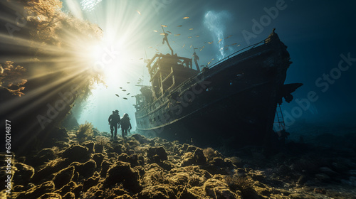 A group of divers exploring a mysterious shipwreck, with rays of sunlight piercing through the water 