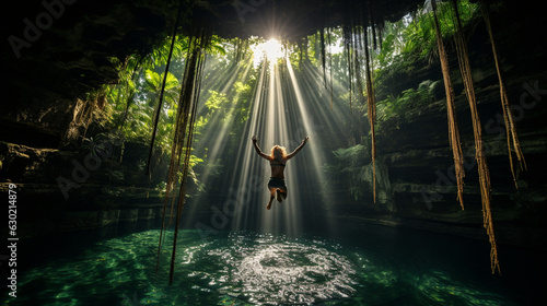 A daring cliff diver leaping into a crystal-clear cenote, surrounded by lush greenery 