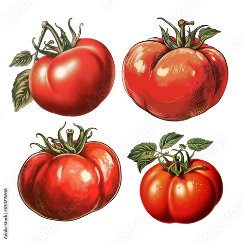 Set of tomatoes with leaf. Illustration digital art design, generative AI