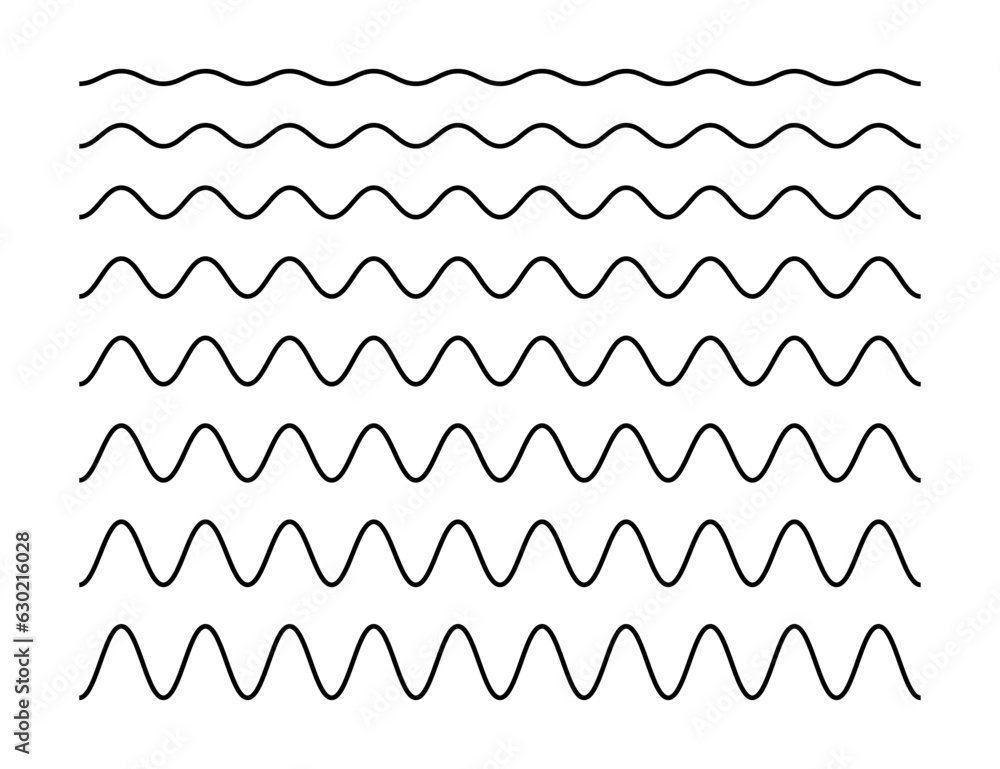 Wave line set. Wavy thin stripes collection. Black horizontal water curve lines. Simple monochrome black and white background. Editable stroke. Vector illustration. Wave line set. Wavy thin stripes collection. Black horizontal water curve lines. Simple monochrome black and white background. Editable stroke. Vector illustration.
