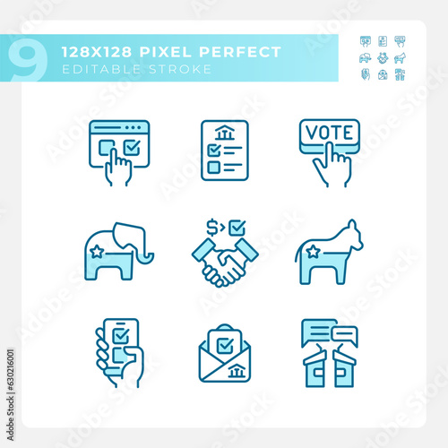 Customizable pixel perfect blue icons set representing voting, isolated vector illustration of politics and election.