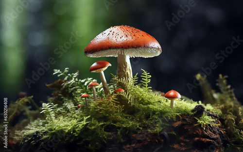 Fly mushrooms with moss in the forest