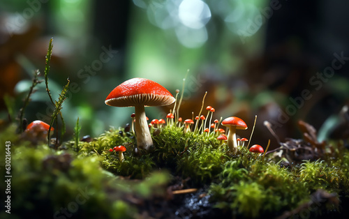Fly mushrooms with moss in the forest