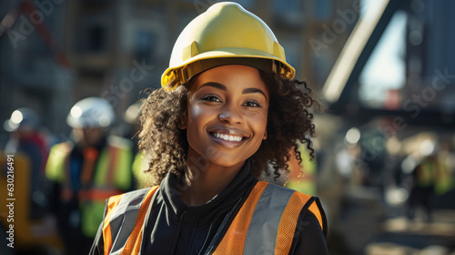 Portrait of a professional young female industry engineer or worker wearing a safety uniform and a hard hat. © PhotoGranary