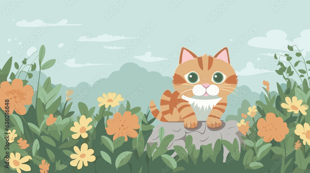 Cat baby and flower field Vector illustration. Cat baby and flower field Vector illustration.