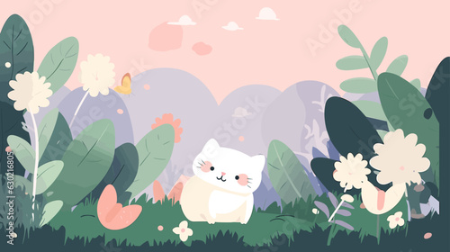 Cat baby and flower field Vector illustration.