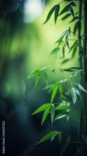 Closeup view of green bamboo leaves with blurred bokeh sunlight background. Vertical composition. Generative AI