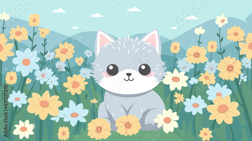 Cat baby and flower field Vector illustration.