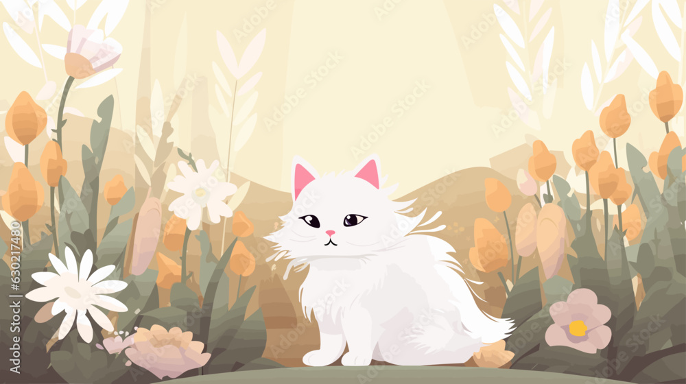 Cat baby and flower field Vector illustration.