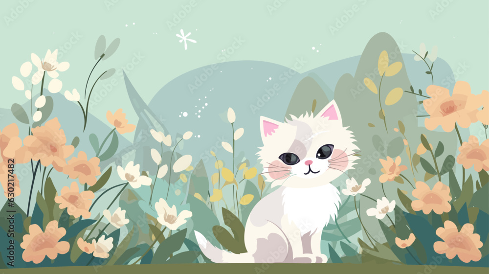 Cat baby and flower field Vector illustration.