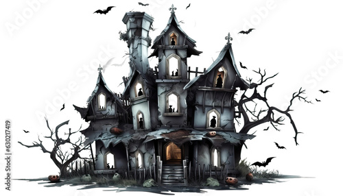 Haunted house with bats flying around under the full moon, Halloween haunted house, spooky mansion, haunted mansion, bats at night