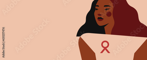 Black Woman with pink ribbon as Breast cancer awareness symbol. Poster of support and solidarity with females fighting oncological disease. Empty space for text. Vector illustration