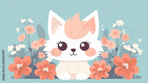 Cat baby and flower field Vector illustration.