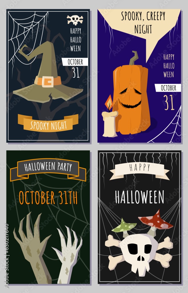 Halloween invitation or greeting сards set. Vector illustrations.
