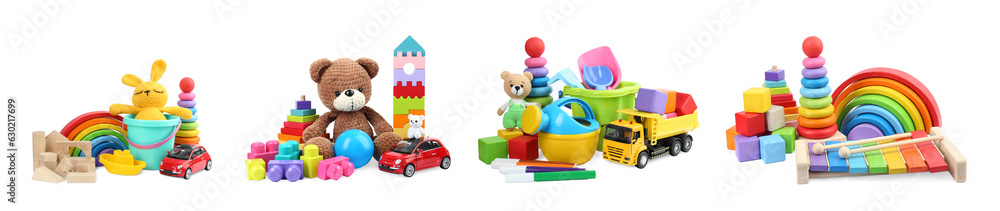 Set of different children's toys isolated on white