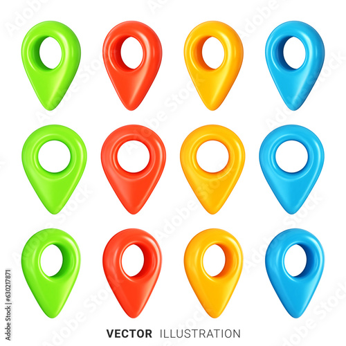 Set of geo tag, geolocation or map pin icons in different colors, front and three-quarter view. Realistic 3D vector icons set isolated on a white background