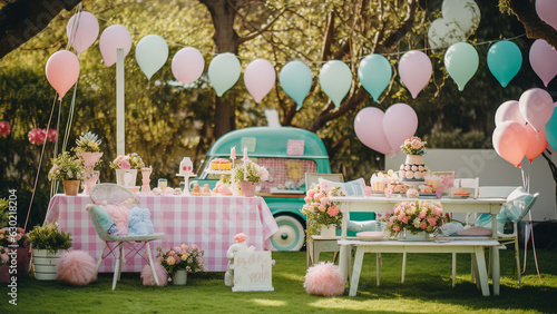 cake decorated with pink and turquoise balloons in the garden. generative ai 