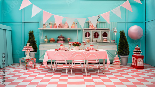 Cakes and pastries on a candy bar for kids birthday party. generative ai 