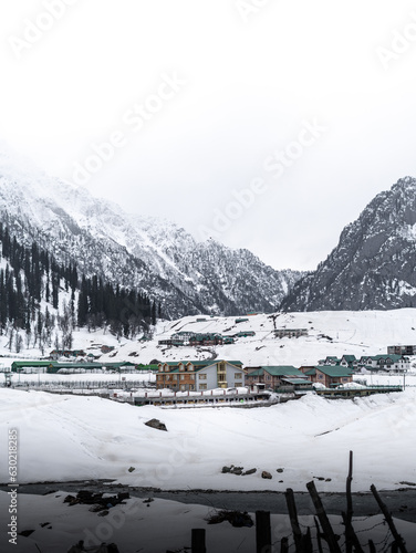 Beautiful winter landscape with snow covered trees and mountains in Kashmir.
