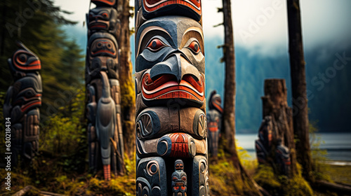 Ancient Indigenous Craftsmanship: North American Totem Pole photo