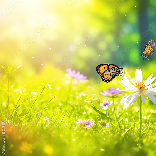 Sunny summer nature background with fly butterfly and wild flowers on Forest glade grass with sunlight and bokeh. beautiful Outdoor nature © MdShahidul