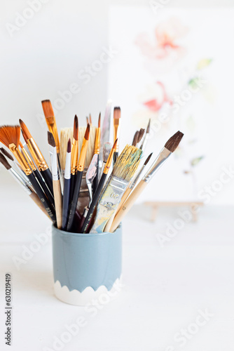 Set of painting brushes for artists. Craft artistic background. Recomforting, destressing creative hobby, art therapy