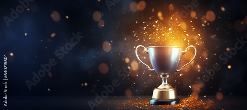 Generative AI, Winner trophy with flames, golden champion cup with falling confetti on dark background.