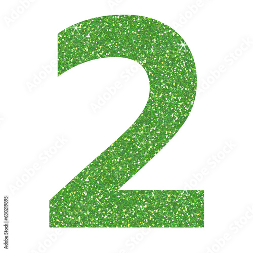 Green glitter number two in transparent background.Number 2 icon, Design for decorating, background, wallpaper, illustration.