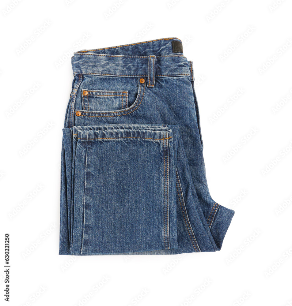 Blue jeans isolated on white, top view. Stylish clothes Blue jeans isolated on white, top view. Stylish clothes