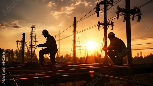 silhouette workers construction of the extension of high-voltage towers